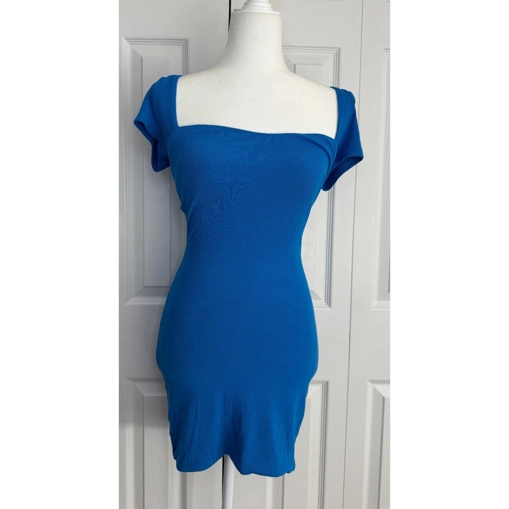 Princess Polly Rib-Knit Mini Dress Women 2 Blue Square Neck Short Sleeve Casual